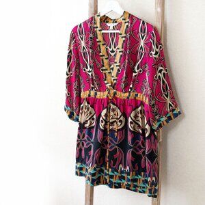 CAbi Chelsea Tunic SzL Colorful 100% Silk Babydoll Empire Waist Tie 3/4 Sleeve